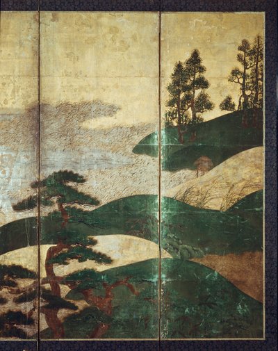 Mondscheinlandschaft (Feder und Tinte, Farbe, Goldpapier auf Tafel) von Japanese School